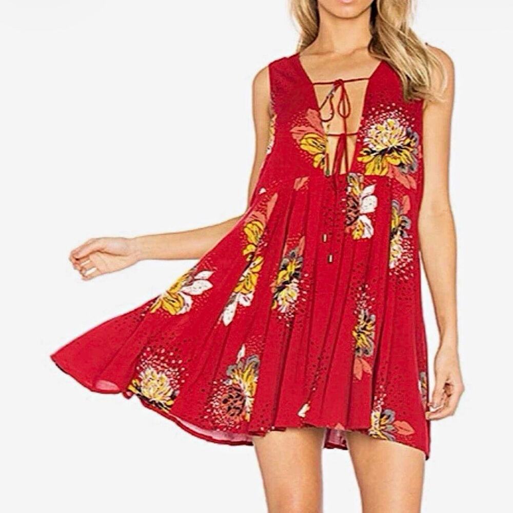 Free People Red Floral Lovely Day Mini Dress Deep V-Neck Sleeveless w/ Ties Sz M